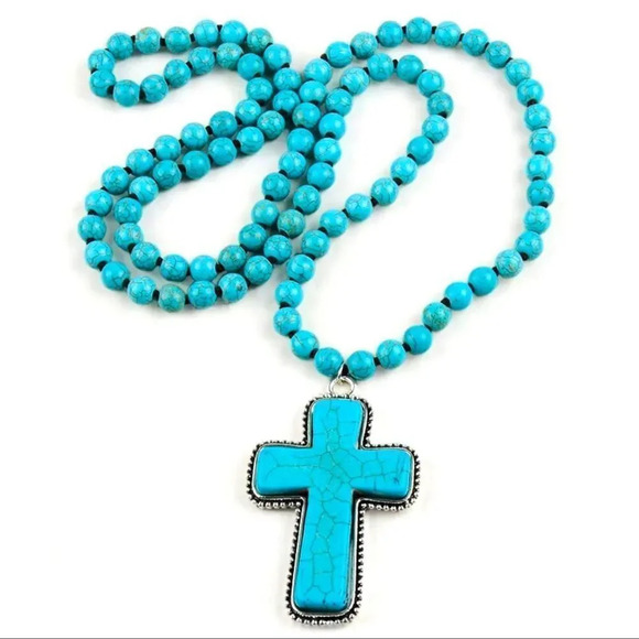 Turquoise Natural Stone Beads Bohemian Western Cross Necklace - Picture 3 of 12